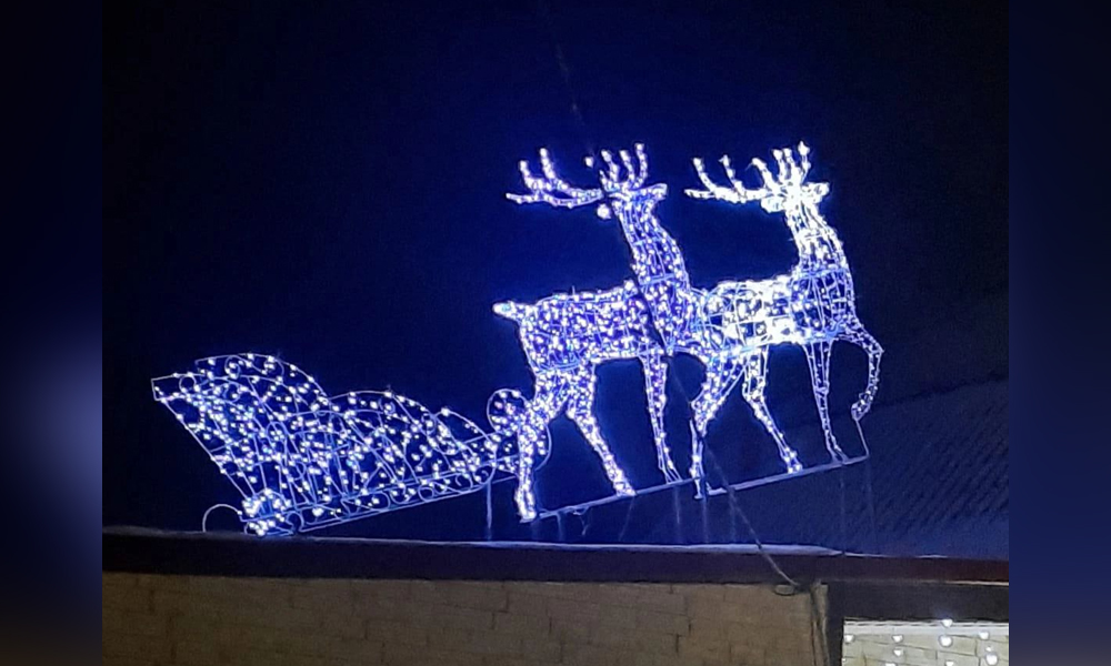В посёлке Знаменском установили новогоднюю инсталляцию с оленьей упряжкой