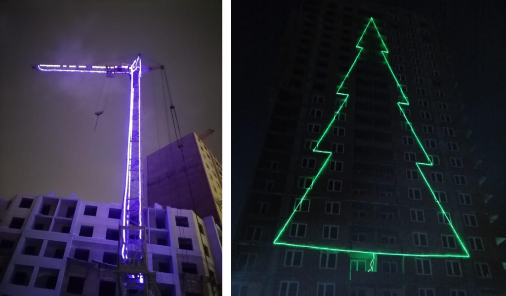 Рядом с "Ареной Омск" башенный кран украсили гирляндами, а на здании выложили огнями праздничную ёлку