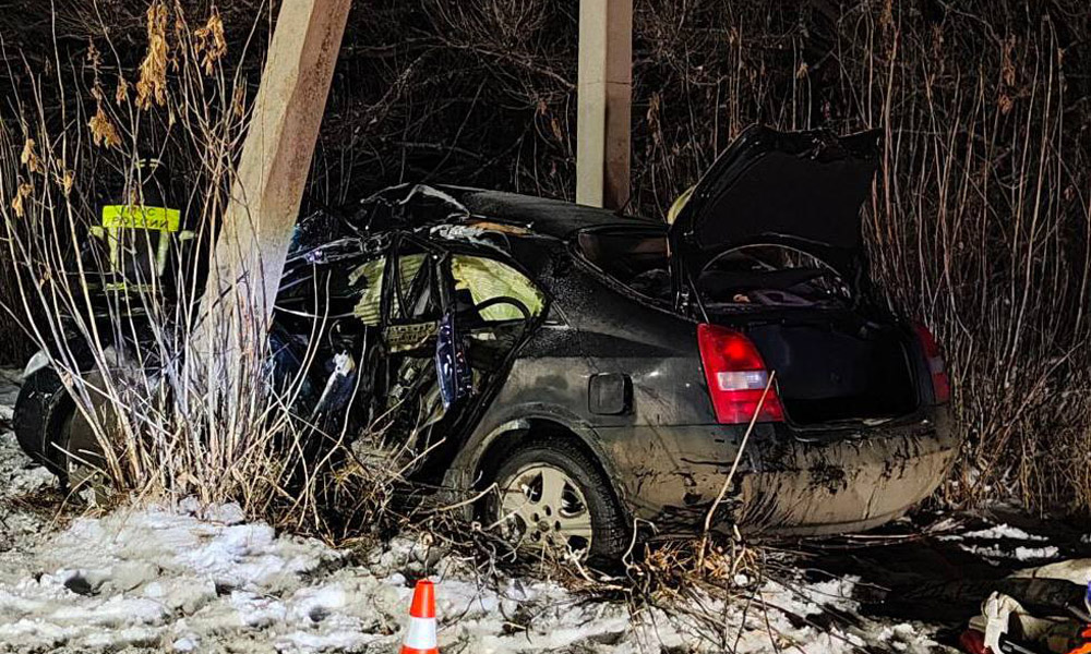 На трассе Омск—Черлак легковушка съехала в кювет и столкнулась с опорой ЛЭП
