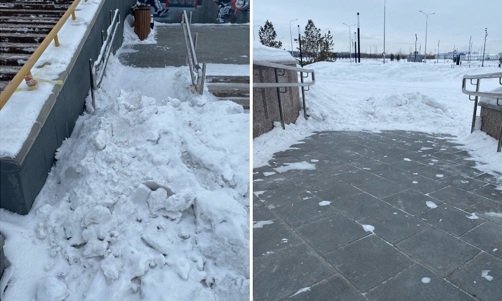 Омичи пожаловались на засыпанные снегом пандусы возле остановки у «G-Drive Арены» 
