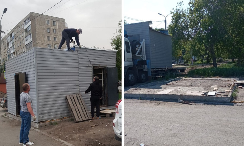 В Омске на улице Бородина снесли незаконно установленный киоск по продаже табака и алкоголя 