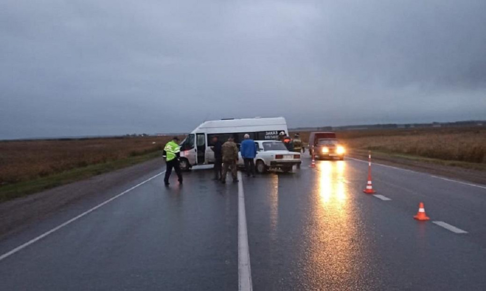 В Омской области микроавтобус, в котором находились 18 человек, столкнулся с попутным автомобилем