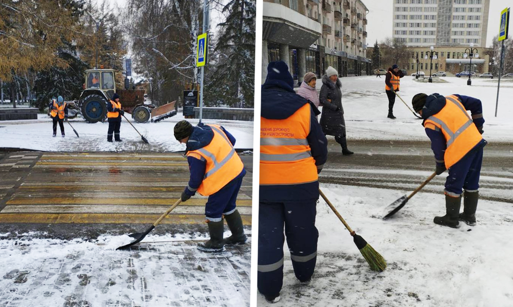 В Омске рабочие очищают тротуары и парки от снега