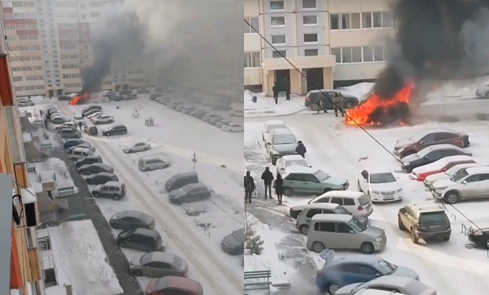 В Омске утром сгорел припаркованный во дворе дома Mercedes