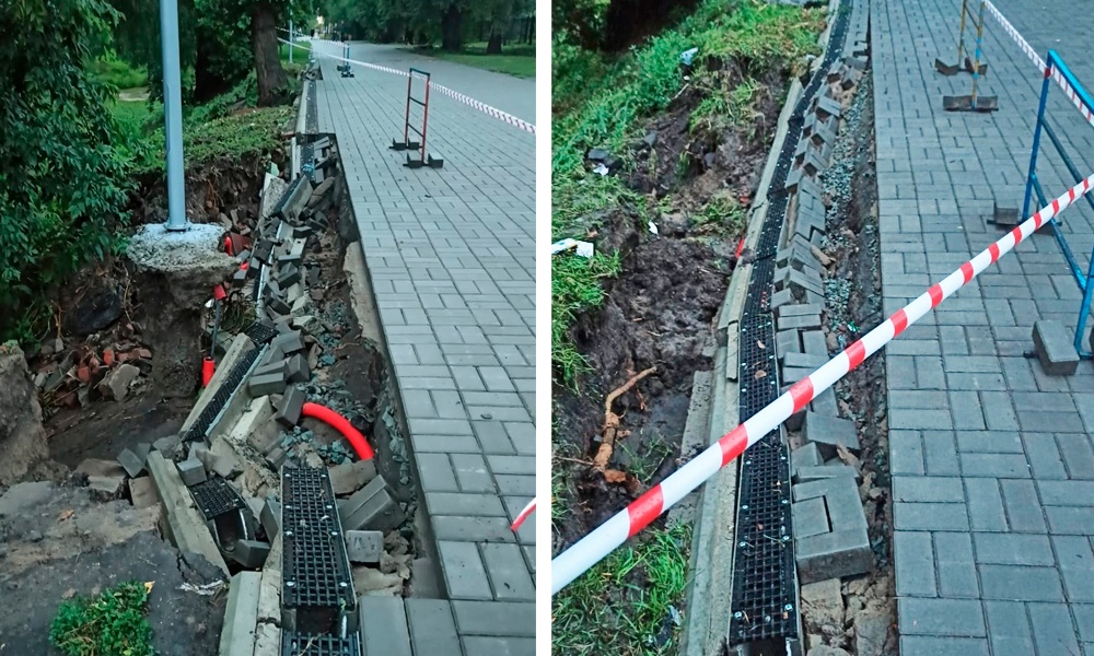 Из-за непогоды в Омске разрушился новый тротуар в парке «Зелёный остров»